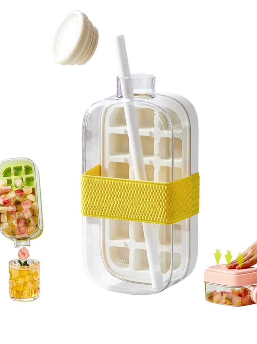 Water Bottle Ice Tray Press-to-Cold 2-in-1 Ice Cube Mold with Yellow Strap